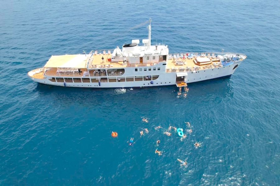 Aerial view of Motonave Patrizia during a swim stop